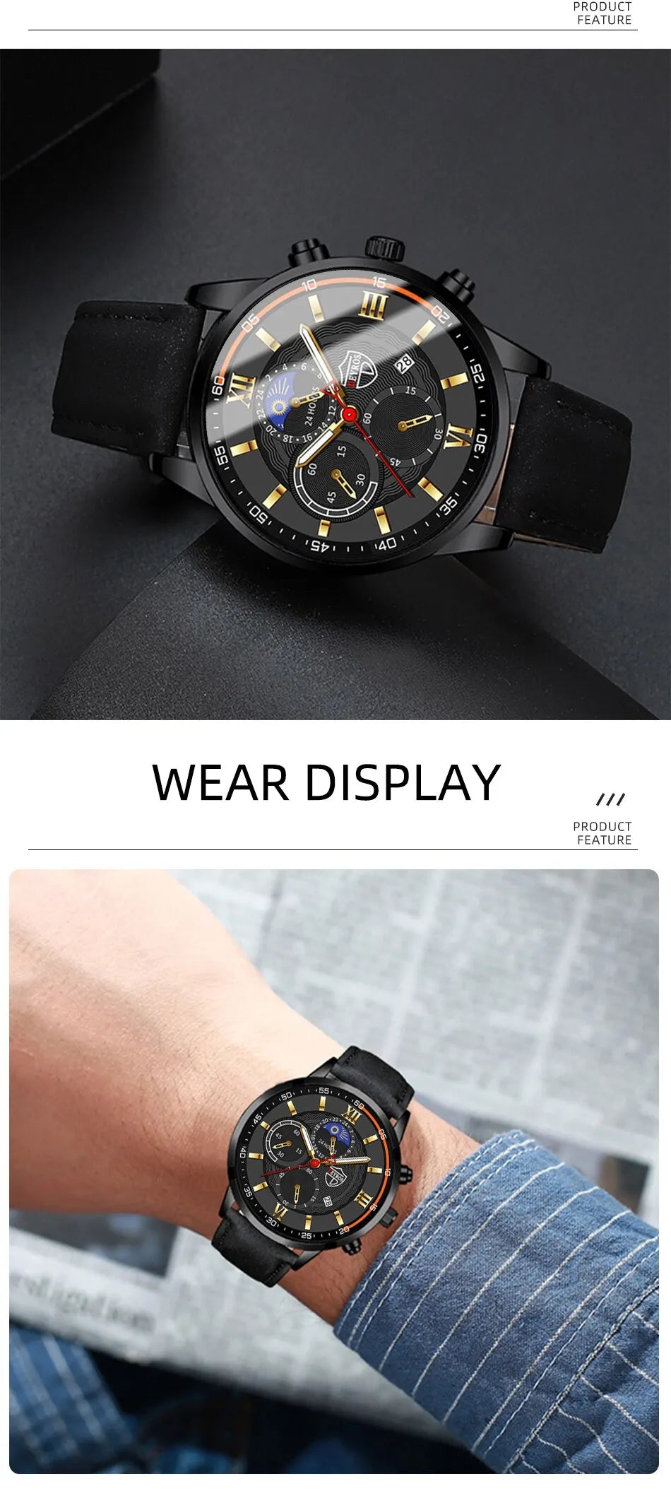 Conjunto de 2 piezas de relojes deportivos de moda para hombre, pulsera de cuero de negocios, reloj de cuarzo informal para hombre, reloj luminoso de lujo para hombre