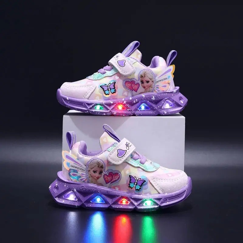 Zapatillas de deporte informales LED de Disney para niñas de primavera, zapatos de cuero Pu con estampado de princesa Elsa de Frozen, antideslizantes, iluminados, rosa y morado