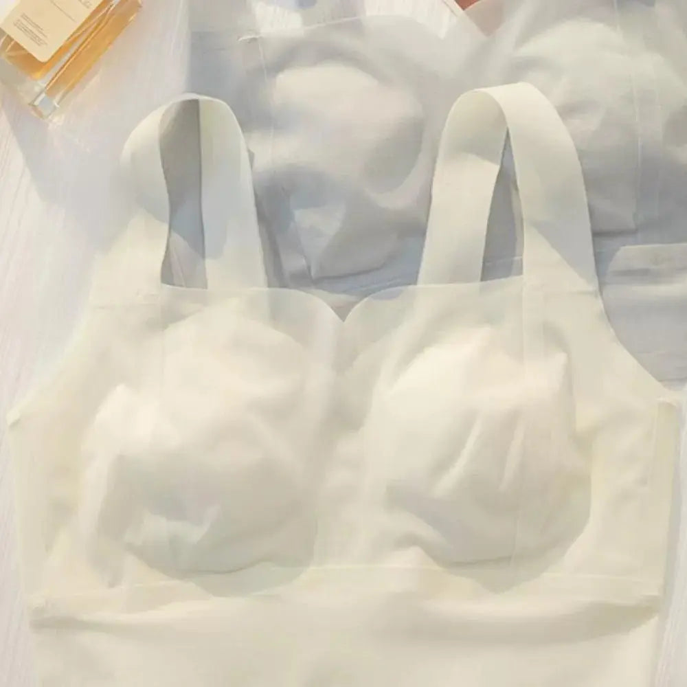 Sujetador ultrafino inalámbrico con escote en V profundo para mujer, sujetador sin costuras con pechos recogidos de seda helada, lencería de Copa grande, sujetadores push-up, regalos