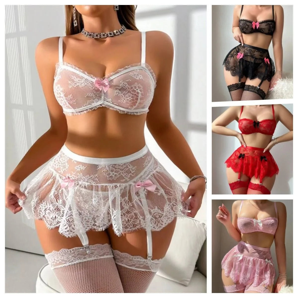 Conjunto de bikini transparente de encaje negro, rojo y rosa, liguero ajustable con tanga sexy, lencerÃa de 3 piezas, ropa interior para mujer