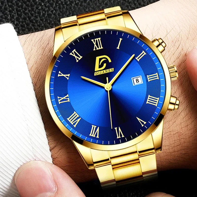 Relojes de acero inoxidable dorados a la moda para Hombre, Reloj de pulsera de cuarzo minimalista de lujo, Reloj con calendario informal de negocios para Hombre