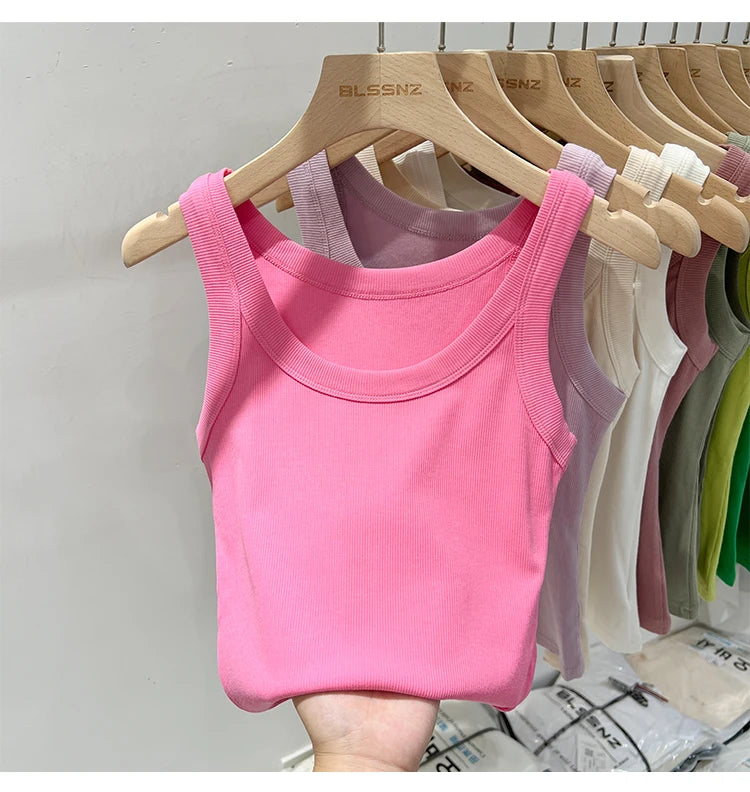 Zjaiss, camiseta sin mangas acanalada con cuello redondo liso para mujer, camisola para mujer, camiseta sin mangas elástica básica de verano 2025, camiseta sin mangas sólida con cuello redondo