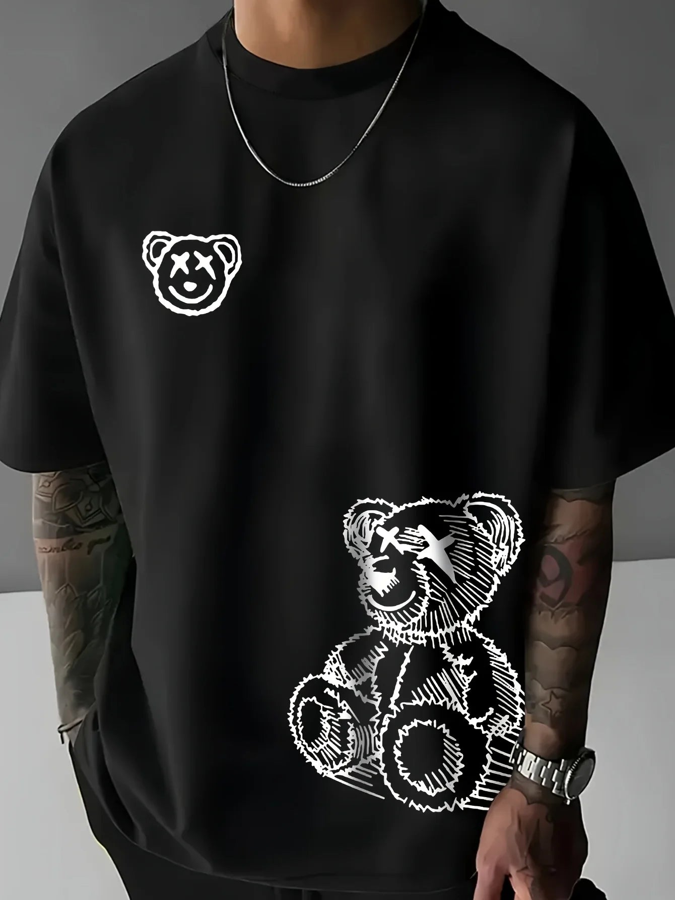 Camiseta deportiva informal de algodón puro 100% para hombre, camiseta holgada y a la moda con estampado de oso de dibujos animados, cuello redondo, manga corta, verano