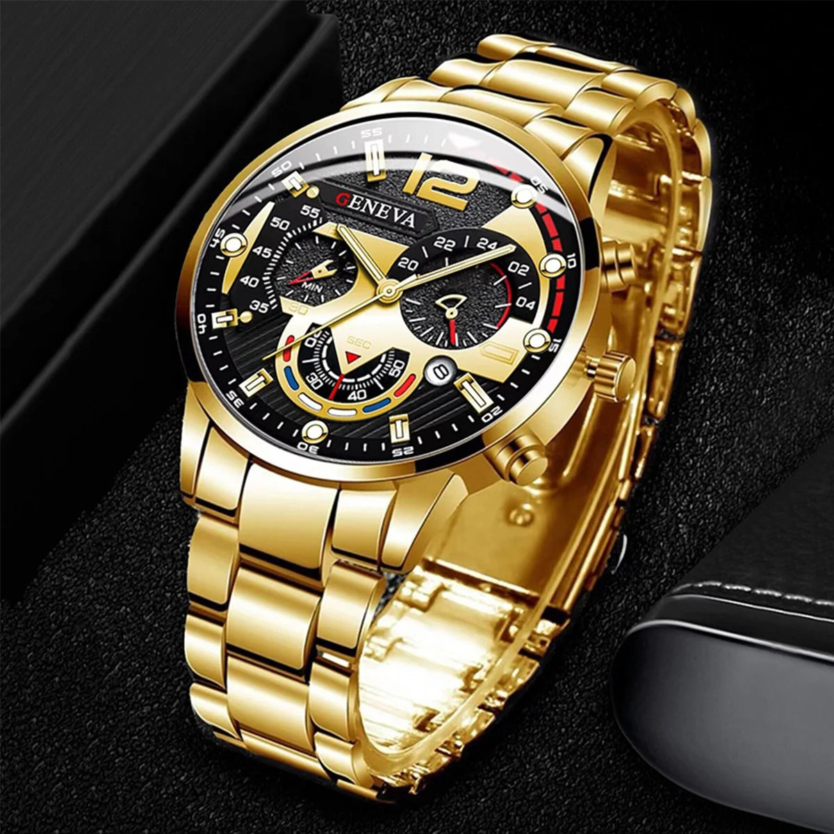 Conjunto de relojes de negocios para hombre, pulsera de acero dorado, analógico, de cuarzo, sin caja, 4 unidades