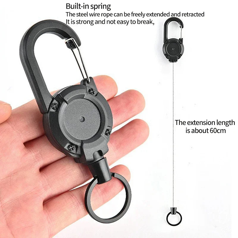 Hebilla retráctil automática táctica de alambre de acero, suministros de acampada, llavero elástico antirrobo, mosquetón, cuerda con hebilla, 1 ud.