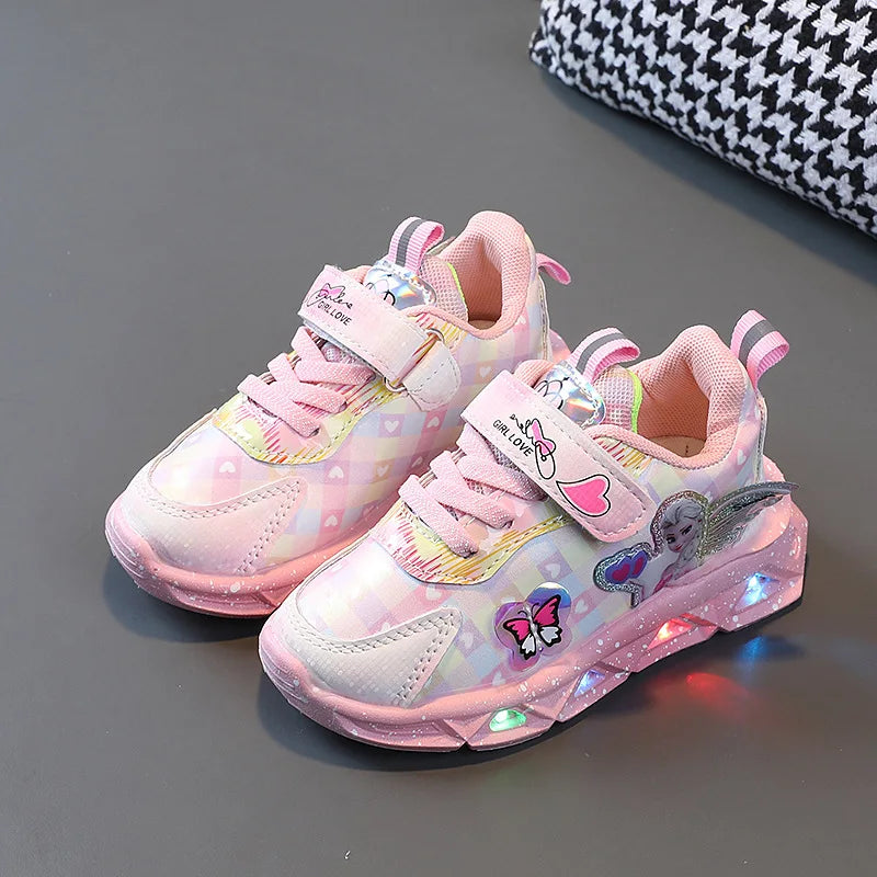 Zapatillas de deporte informales LED de Disney para niñas de primavera, zapatos de cuero Pu con estampado de princesa Elsa de Frozen, antideslizantes, iluminados, rosa y morado