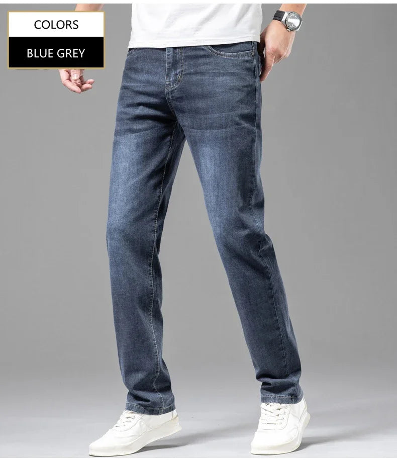 Pantalones vaqueros finos de algodón elástico para hombre, pantalón informal, recto, cómodo, color gris, a la moda, para verano
