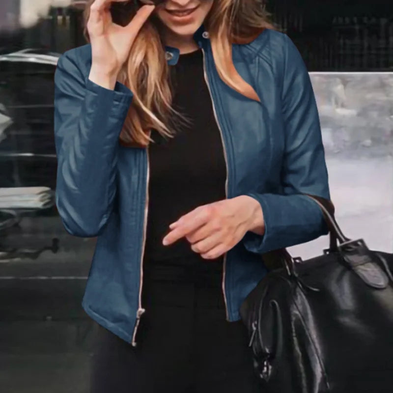 Chaqueta ajustada de piel sintética para mujer, chaqueta clásica de motociclista de PU, abrigo básico con cremallera para primavera y otoño