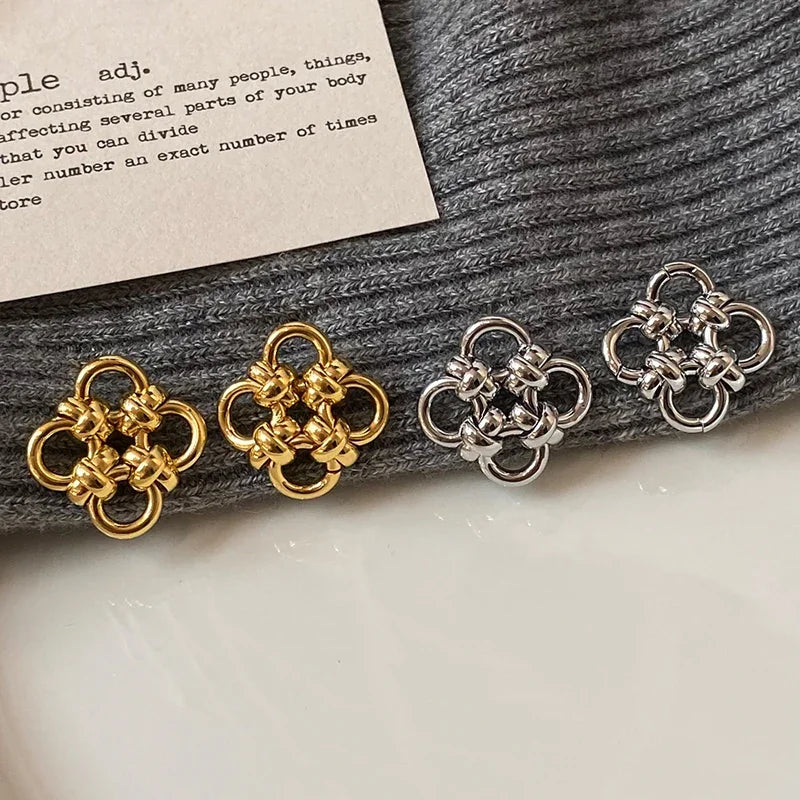 Plata de Ley 925 auténtica pendiente de trébol con nudo hueco de oro de 18K para mujer, joyería fina minimalista, accesorio de planta de moda
