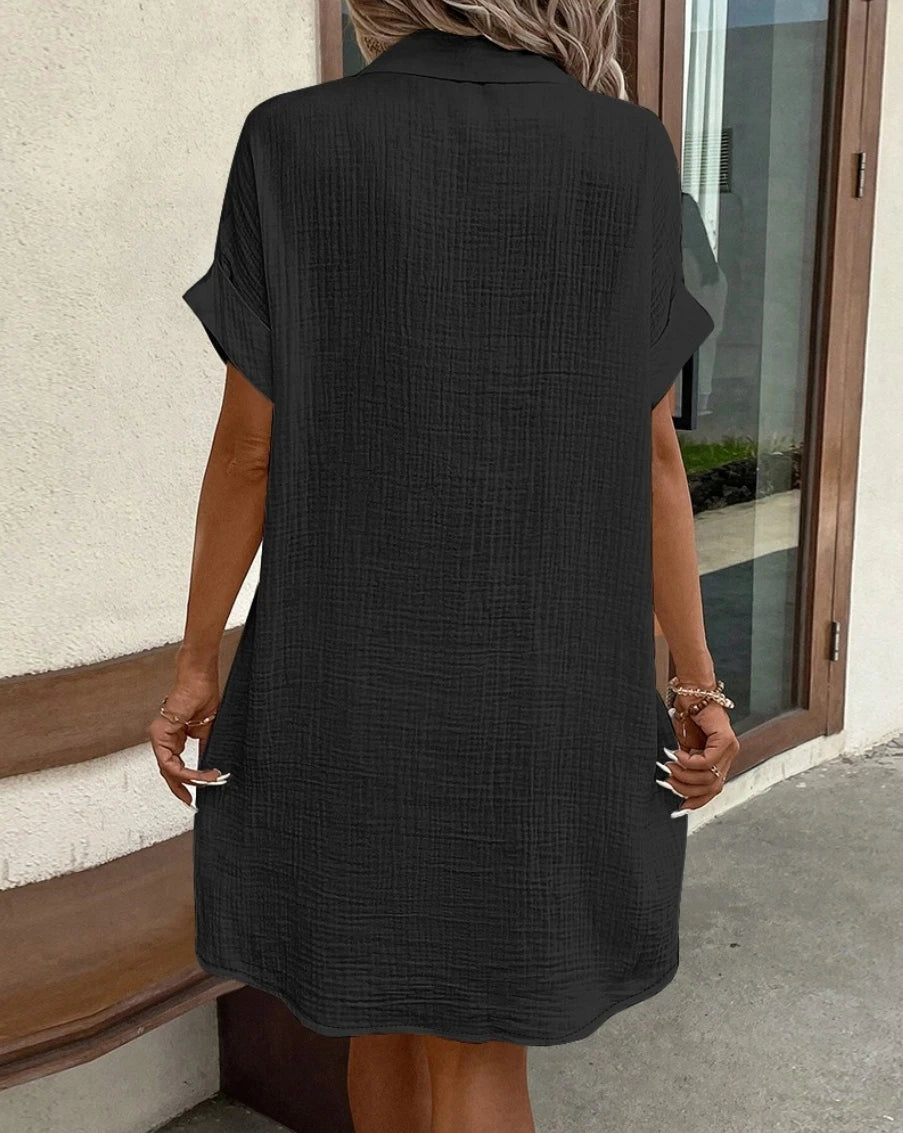Minivestido Vintage liso para mujer, moda de verano con cuello en V, manga tres cuartos, vestido de lino y algodón, Vestidos informales para vacaciones