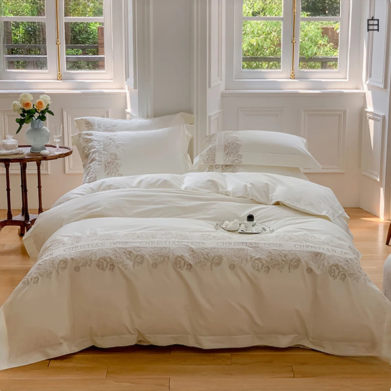 Juego de cama de algodón de grapa larga de 100 unidades, funda nórdica bordada con patrones de flores y plantas, Sábana bajera tamaño Queen TwinFull