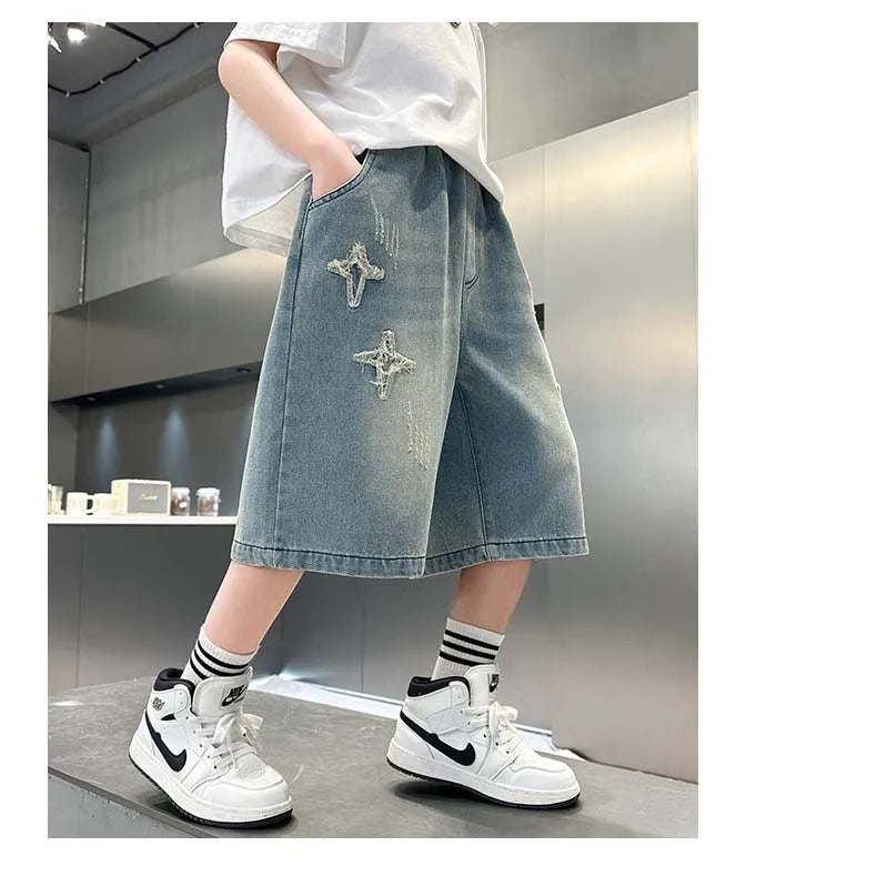 Boy Star Jeans 2025 Verano Nuevo Producto Moda Niños Denim Pantalones medios Pantalones cortos casuales para niños 5-15 años