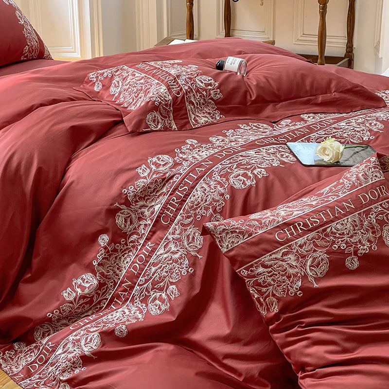 Juego de cama de algodón de grapa larga de 100 unidades, funda nórdica bordada con patrones de flores y plantas, Sábana bajera tamaño Queen TwinFull