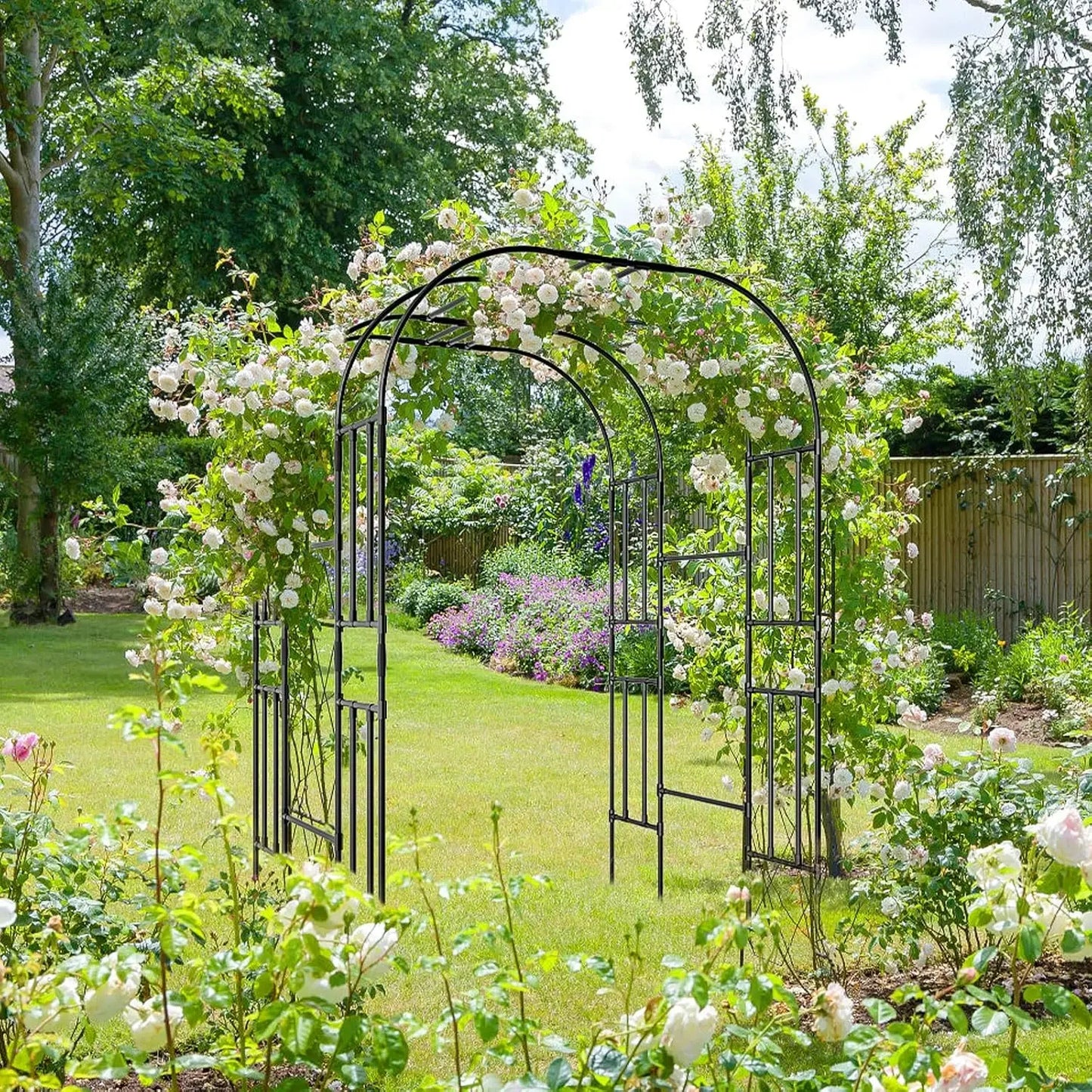 Enrejado alto de arco de jardín para plantas trepadoras, túnel de cenador de metal para exteriores - Acabado negro