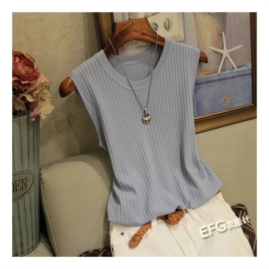 Blusa sin mangas de verano para mujer, blusa tejida con cuello redondo, camisa, ropa para mujer, Tops para mujer