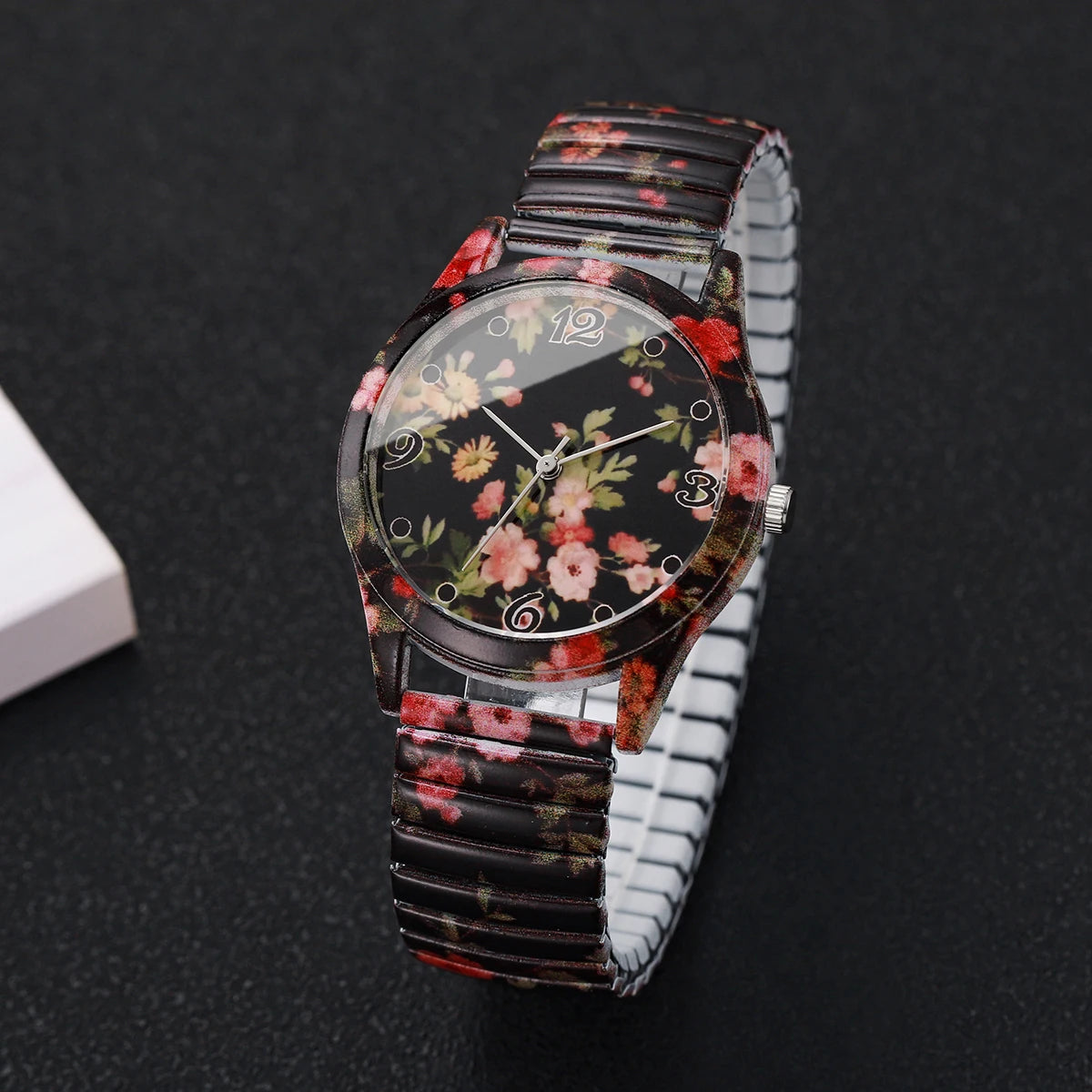 2/3 Uds. Conjunto de relojes de pulsera de cuarzo con estampado de flores a la moda para mujer, reloj con esfera árabe con correa elástica informal para mujer (sin caja)