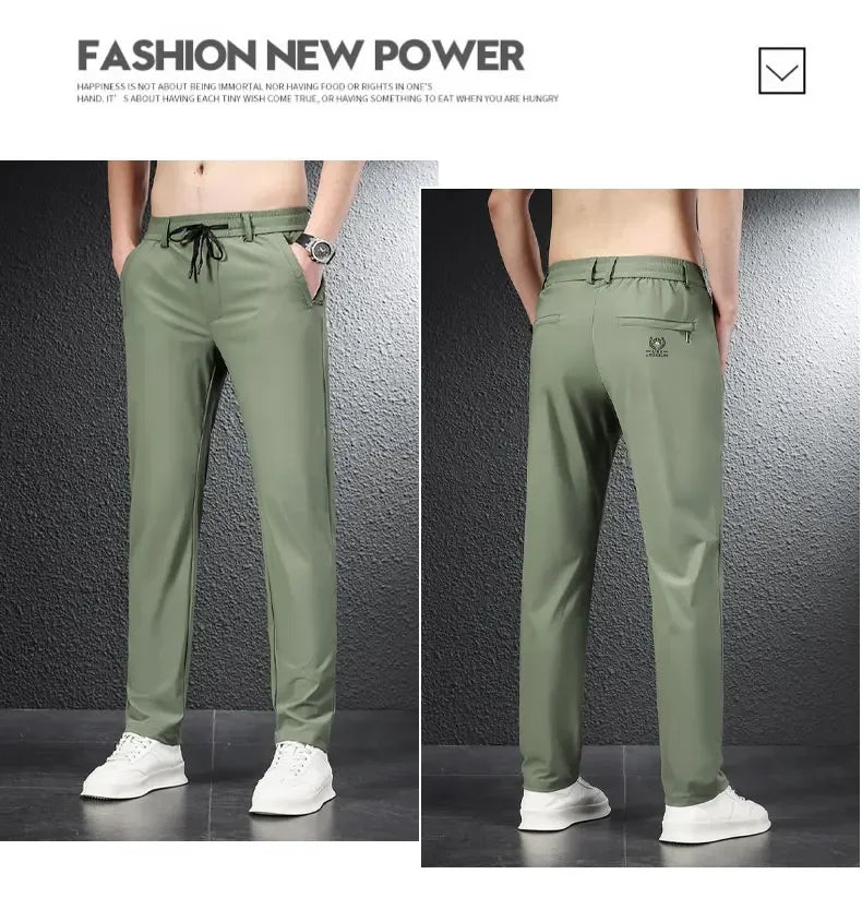 Pantalones informales finos de tela de seda de hielo suave para hombre, pantalón recto de estilo coreano, de alta elasticidad, marca de lujo, verano 2024