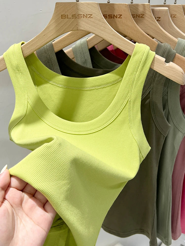 Zjaiss, camiseta sin mangas acanalada con cuello redondo liso para mujer, camisola para mujer, camiseta sin mangas elástica básica de verano 2025, camiseta sin mangas sólida con cuello redondo