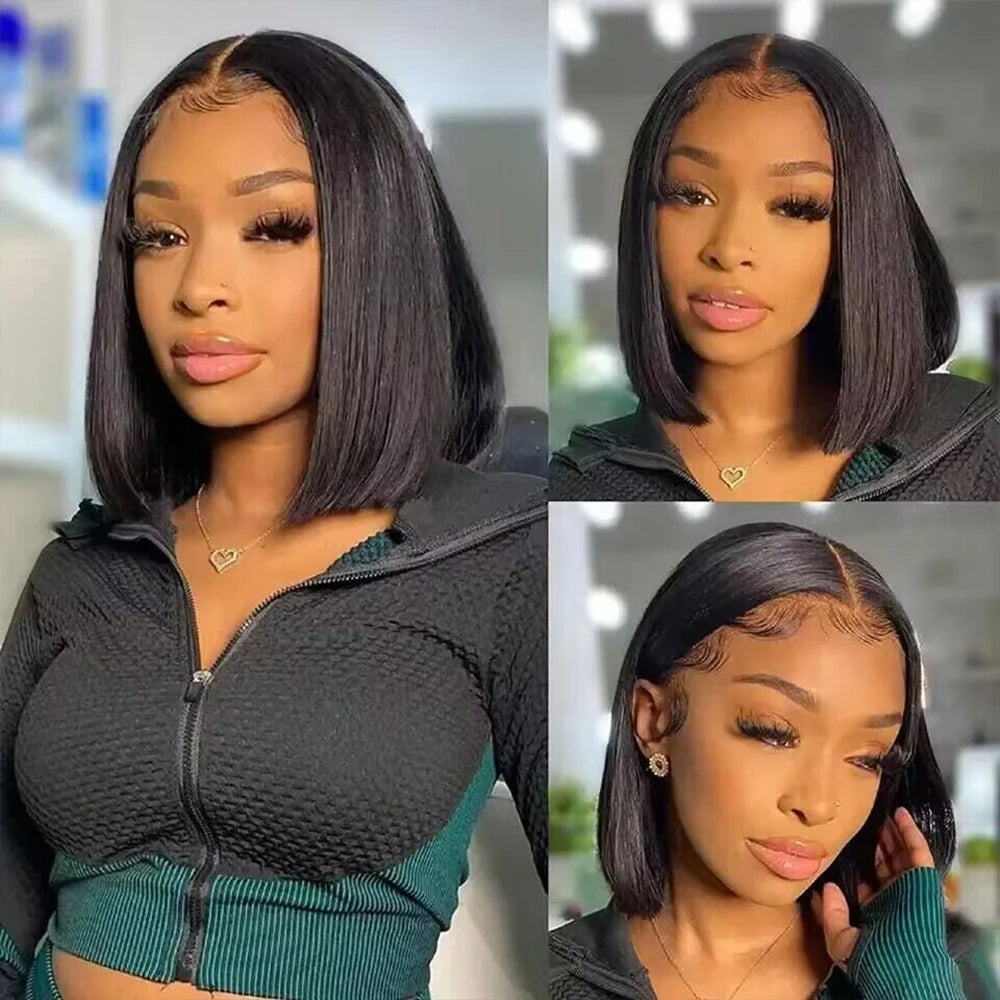 Peluca Bob corto, pelucas frontales de encaje transparente, cabello humano 100%, pelucas Bob rectas, pelucas frontales de encaje 13x4 prearrancadas para mujeres negras