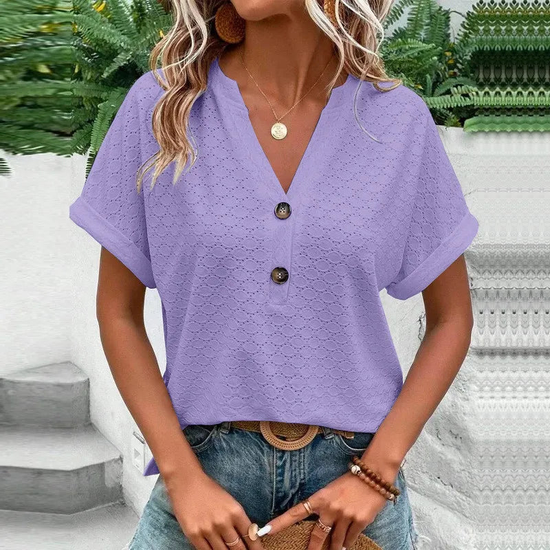 Blusas informales de Jacquard con botones y cuello en V para mujer, camisas holgadas lisas, Tops de manga corta de gran tamaño para mujer 2023