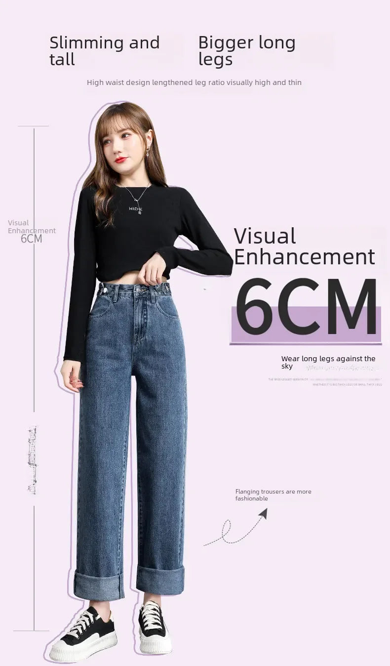 Pantalones vaqueros sueltos para mujer, diseño de cintura alta, entrepierna recta ajustable, pantalones de estilo Retro, tela de algodón, estilo informal cómodo