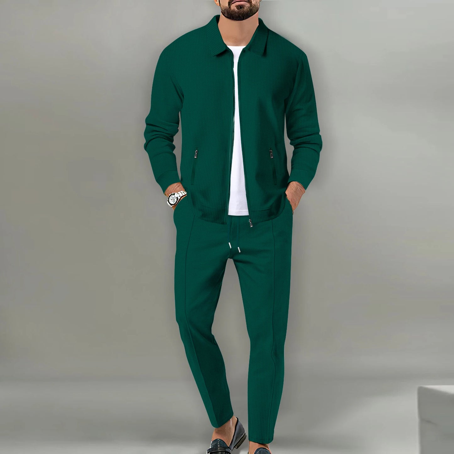 Chaqueta ajustada con bolsillo de cremallera para hombre, ropa deportiva de manga larga, conjunto de chaqueta de cárdigan, pantalones largos, elegante, conjunto de dos piezas