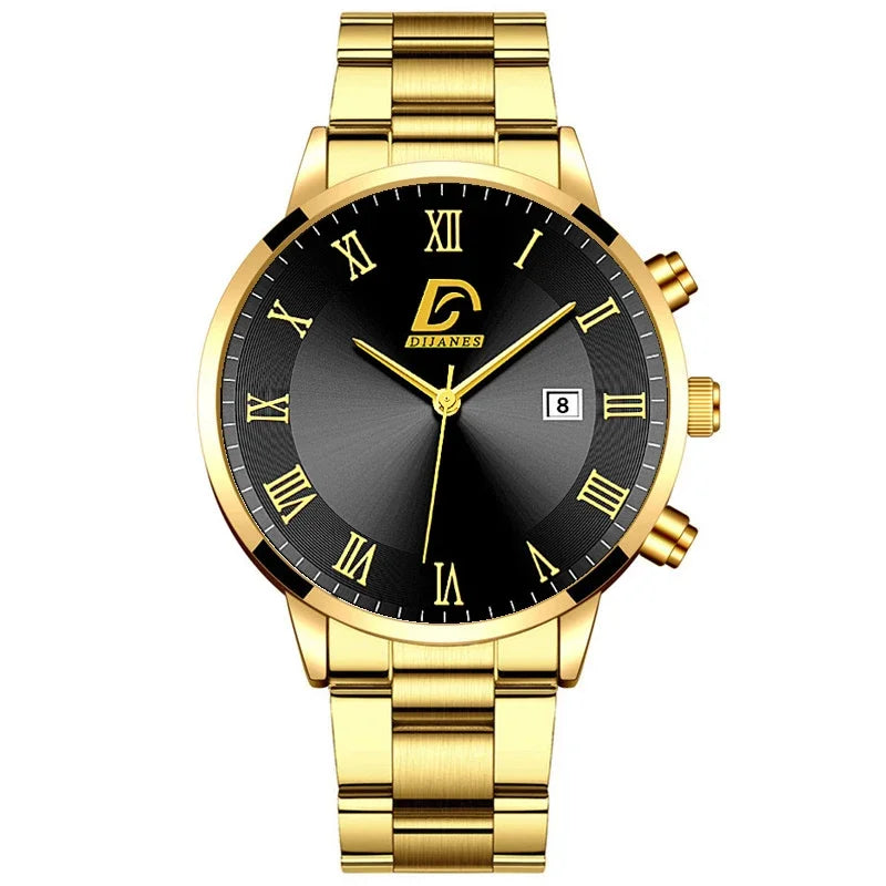 Relojes de acero inoxidable dorados a la moda para Hombre, Reloj de pulsera de cuarzo minimalista de lujo, Reloj con calendario informal de negocios para Hombre