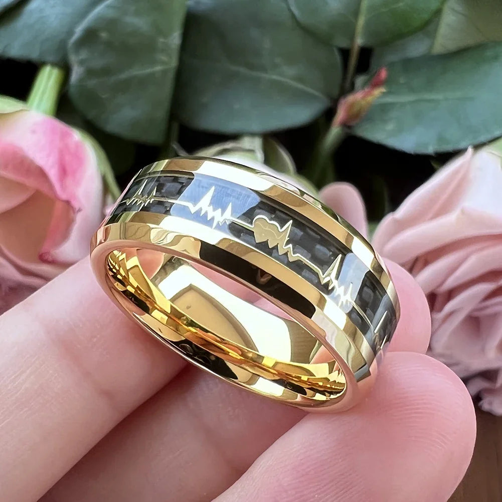 Anillos de compromiso de carburo de tungsteno con incrustaciones de corazón de fibra de carbono negra de 8mm a la moda, alianzas de boda con cúpula, pulido, brillante, ajuste cómodo