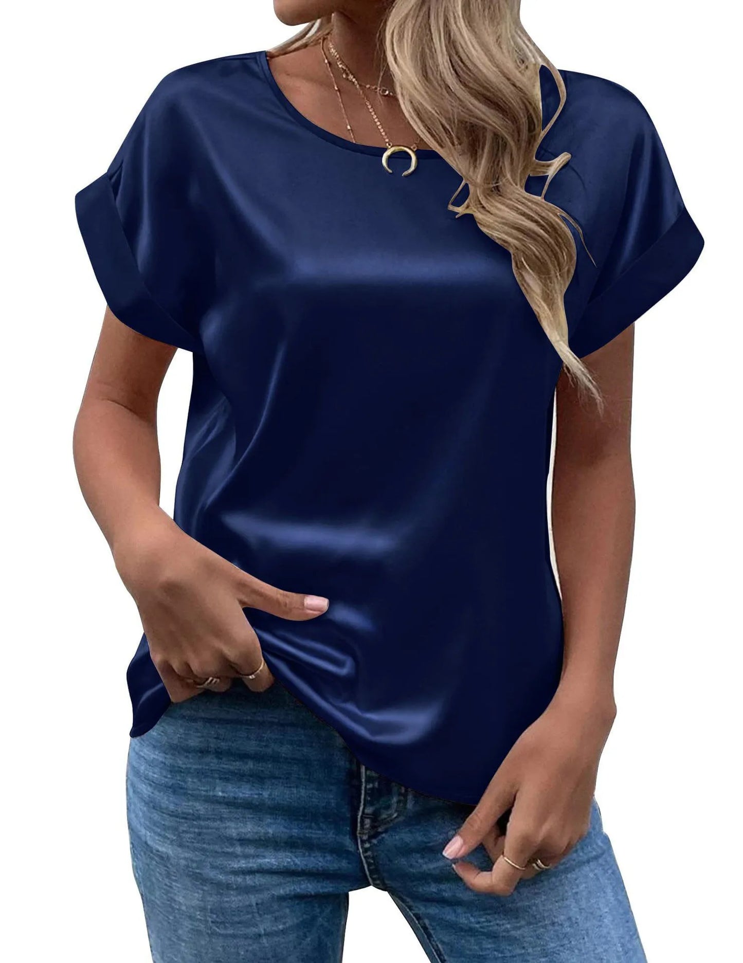 Blusas de satén de estilo veraniego para mujer, camisas informales con manga de ala de murciélago y cuello redondo, Blusas holgadas de Color sólido