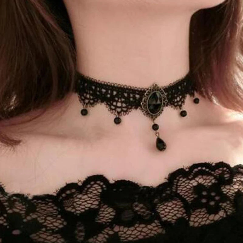 Nuevas gargantillas góticas sexis, gargantilla de cuello de encaje negro de cristal, collar Vintage victoriano para mujer, joyerÃa Steampunk