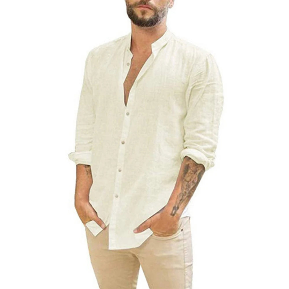 Camisas de manga larga para hombre, gran oferta de lino y algodón, Color sólido, cuello levantado, estilo informal de playa de talla grande, verano