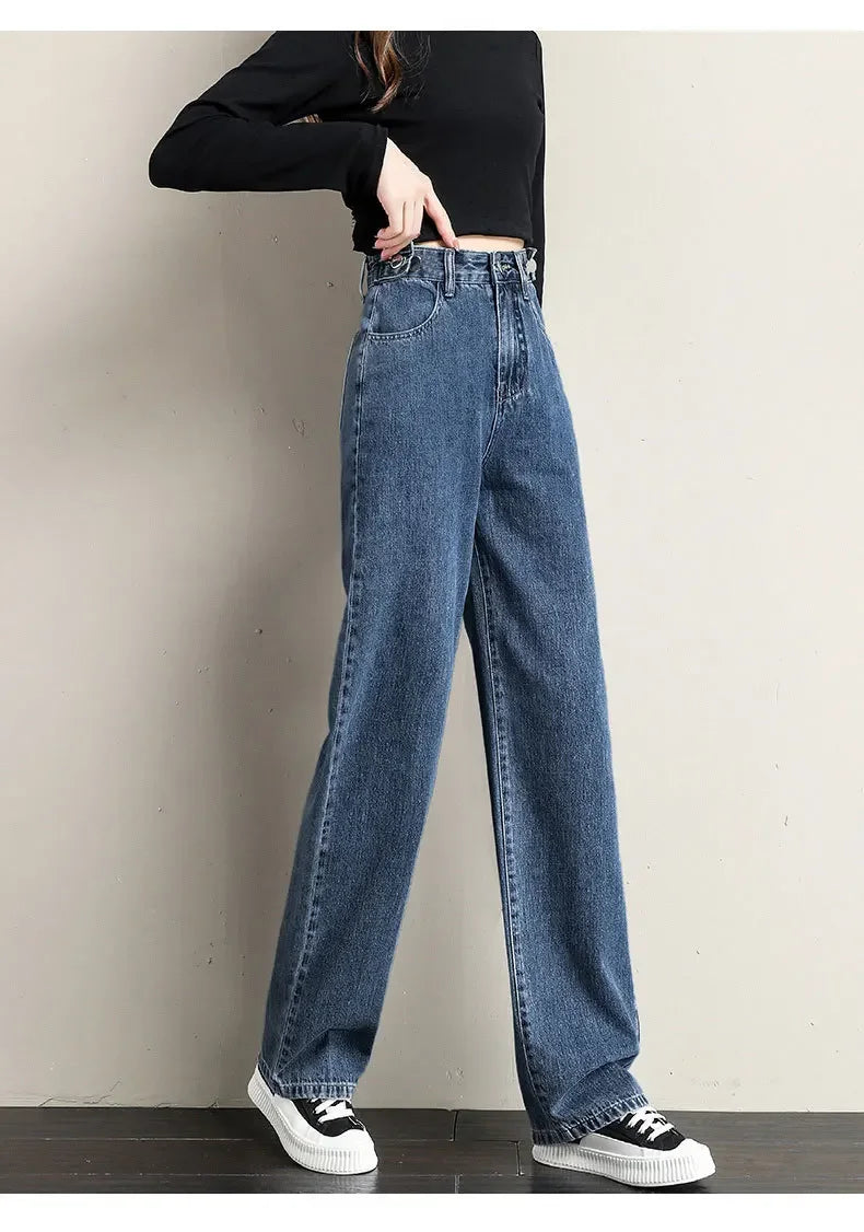 Pantalones vaqueros sueltos para mujer, diseño de cintura alta, entrepierna recta ajustable, pantalones de estilo Retro, tela de algodón, estilo informal cómodo