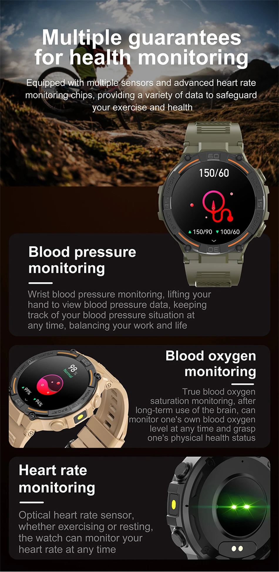 Reloj inteligente militar para hombre, dispositivo con pantalla HD de 360x360, linterna, control de la salud, resistente al agua, control del ritmo cardÃaco, llamadas BT, para Android e IOS