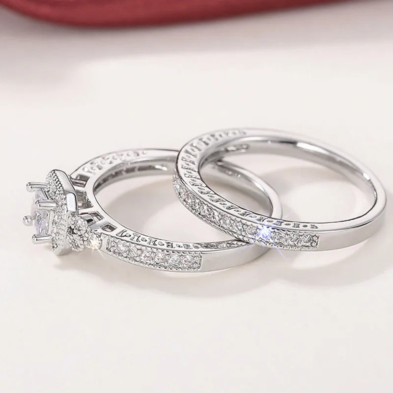 Conjunto de anillos de Plata de Ley 925 para mujer, 2 uds., accesorios de boda de circón cúbico de lujo, joyería femenina elegante con temperamento