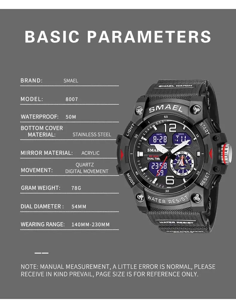 SMAEL-reloj deportivo militar para hombre, cronómetro con alarma, luz trasera Digital LED, pantalla de hora Dual, resistente al agua, 8007