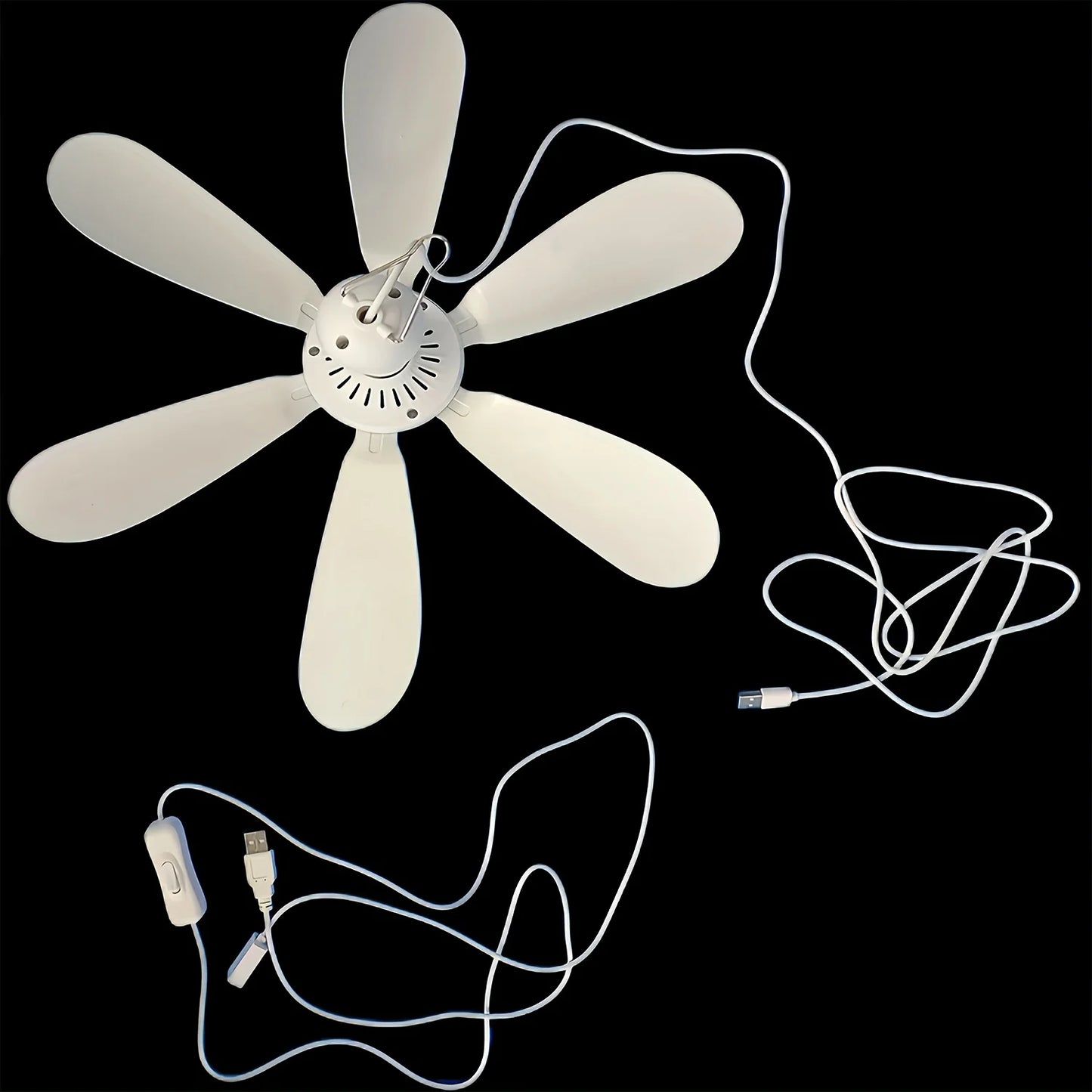 1 Juego de mini ventilador colgante USB pequeño, ventilador silencioso para acampar, ventilador de emergencia portátil para colgar al aire libre, pabellón, cobertizo, ventilador para dormitorio silencioso, con