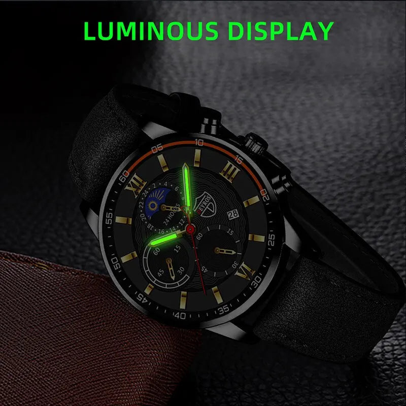 Conjunto de 2 piezas de relojes deportivos de moda para hombre, pulsera de cuero de negocios, reloj de cuarzo informal para hombre, reloj luminoso de lujo para hombre