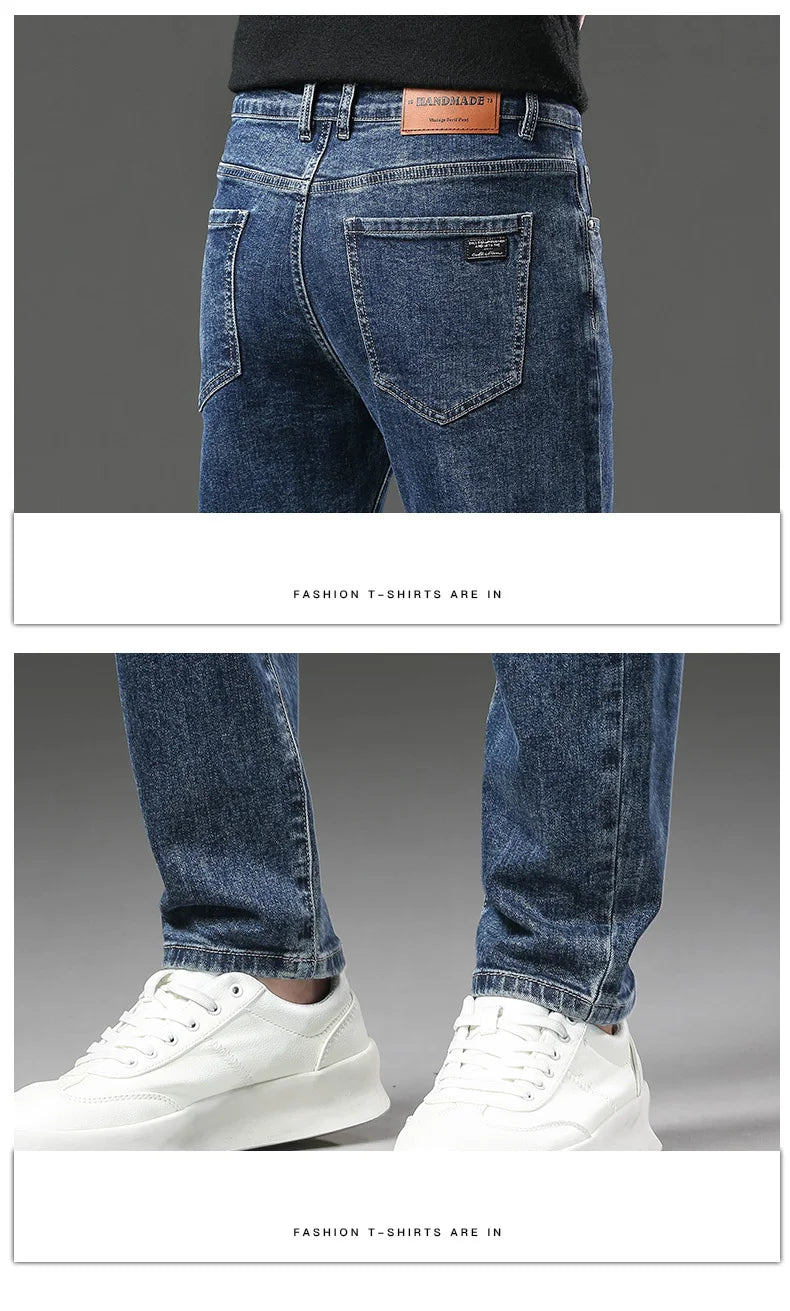 Pantalones vaqueros gruesos y cálidos de lana de invierno para hombre, pantalones vaqueros elásticos rectos ajustados, ropa informal para hombre, pantalones de felpa a la moda
