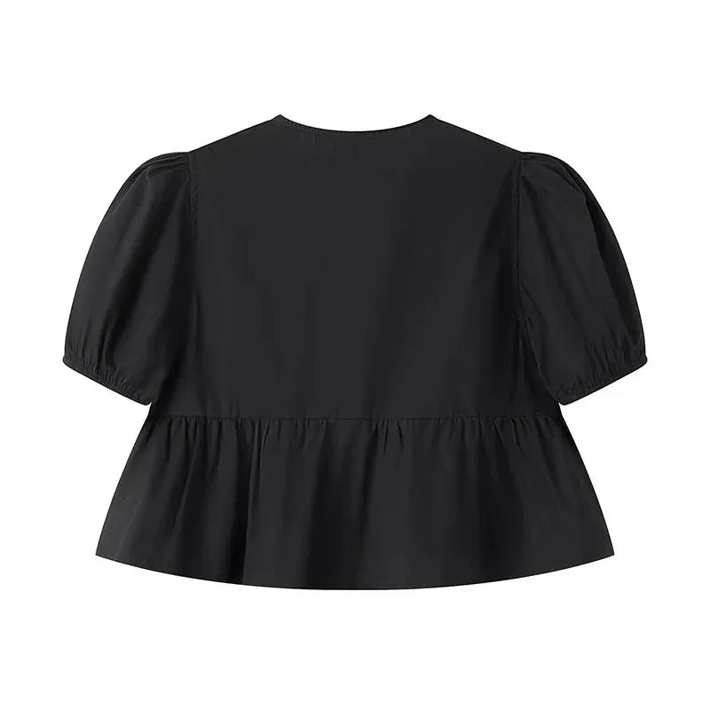 TRAF-Blusas con volantes para mujer, camisas y blusas con mangas abullonadas para mujer, Top corto fruncido blanco y negro, blusa fruncida para mujer 2024