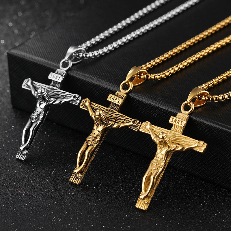 Collar religioso de acero inoxidable con cruz de Jesús para hombres, colgante de cruz de Color dorado y plateado con cadena, regalo de joyerÃa