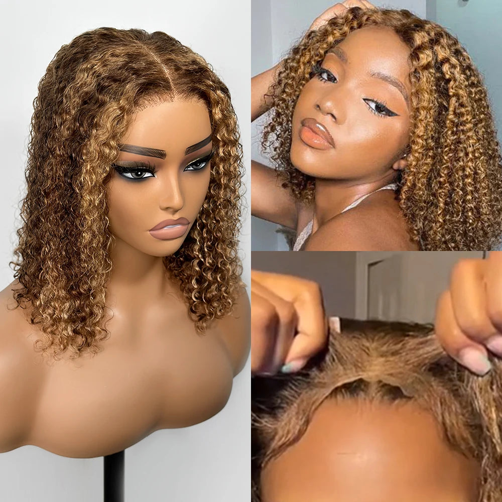 Pelucas Bob sin pegamento de color rubio miel de onda profunda, cabello humano prearrancado, precortado, desgaste y Go, pelucas rizadas, peluca con malla frontal HD ombré