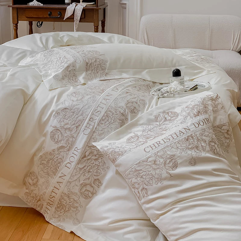 Juego de cama de algodón de grapa larga de 100 unidades, funda nórdica bordada con patrones de flores y plantas, Sábana bajera tamaño Queen TwinFull
