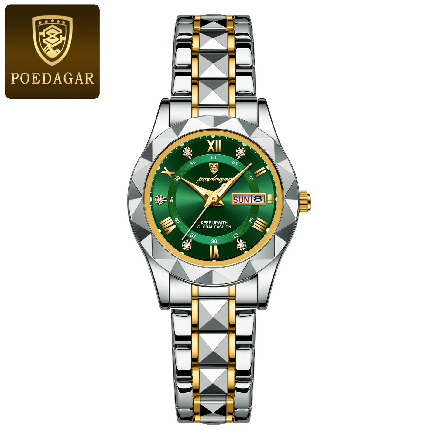 POEDAGAR, reloj de lujo para mujer, luminoso, resistente al agua, con fecha semanal, reloj de pulsera para mujer, relojes de cuarzo de acero inoxidable para mujer, reloj + caja