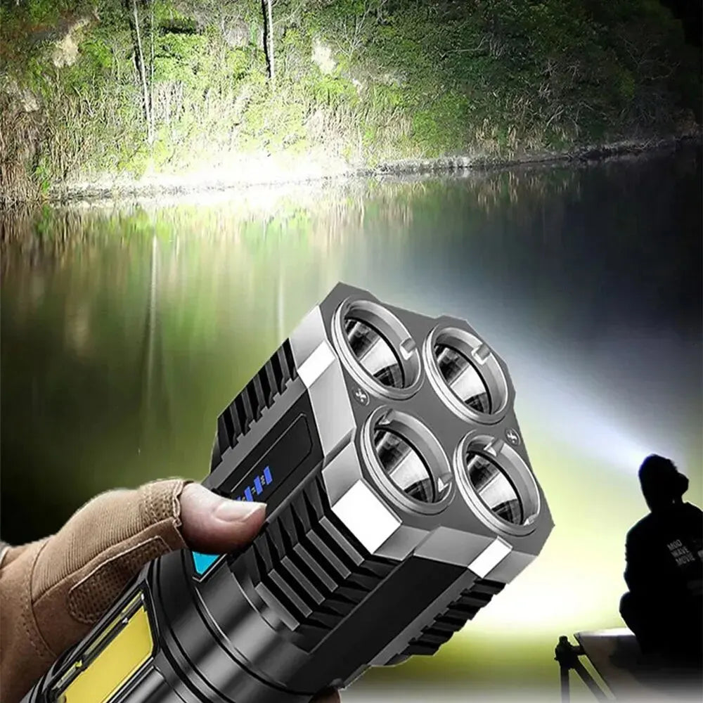 Linterna LED de luz fuerte para acampar, 4 lámparas y luces laterales COB, linterna de mano portátil recargable por USB para exteriores
