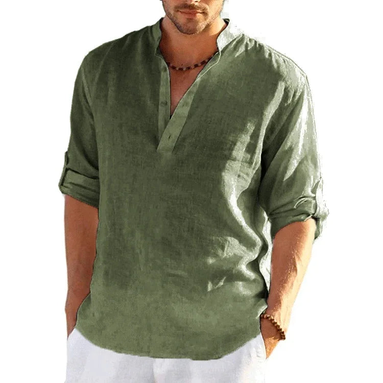 Nueva camiseta de manga larga de lino para hombre, camisa holgada informal transpirable de Color sólido, camisas de algodón para hombre, ropa de calle ligera de diseñador