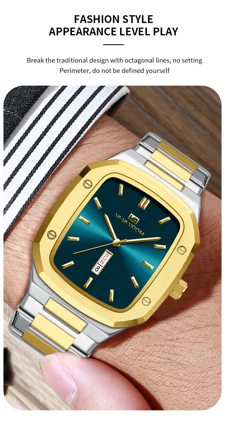 2024 nuevo reloj para hombre, correa cuadrada de acero inoxidable a la moda, oro azul, 3Bar, calendario semanal de cuarzo, reloj de pulsera deportivo de negocios simulado