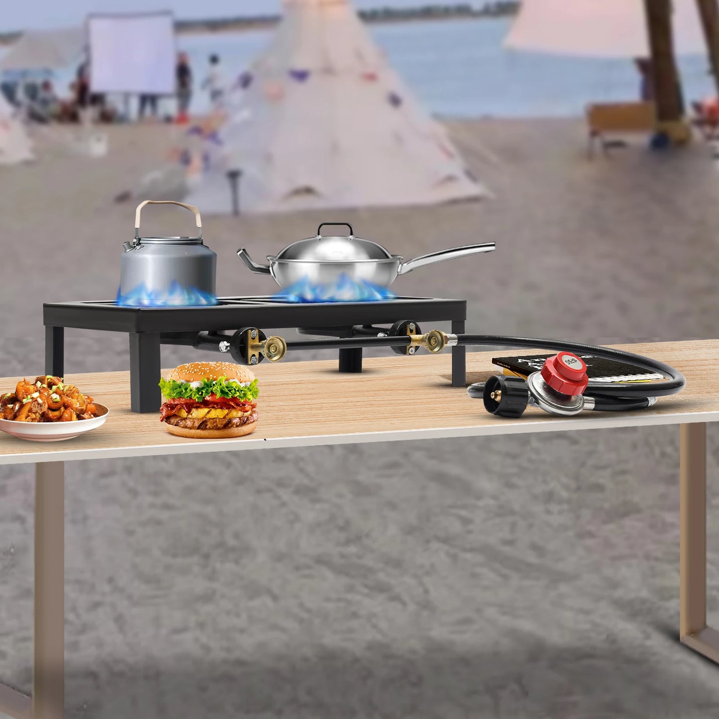 Estufa de gas propano doble para acampar y cocinar al aire libre con manguera reguladora, construcción de hierro duradera 0-10PSI