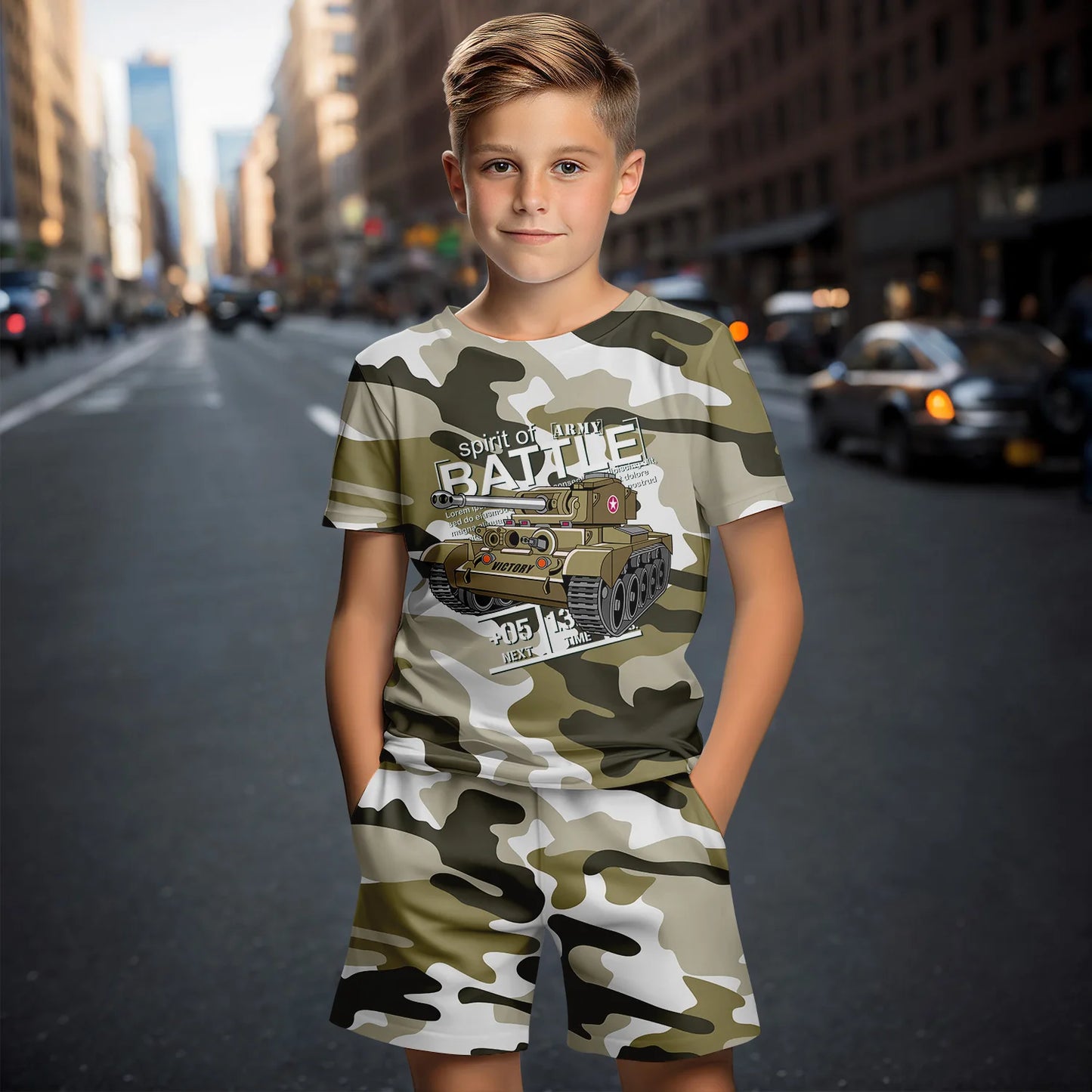 Traje de ropa para niños con estampado de camuflaje 3D, conjunto de camiseta de manga corta de verano, pantalones cortos, ropa para niño y niña, conjuntos para niños