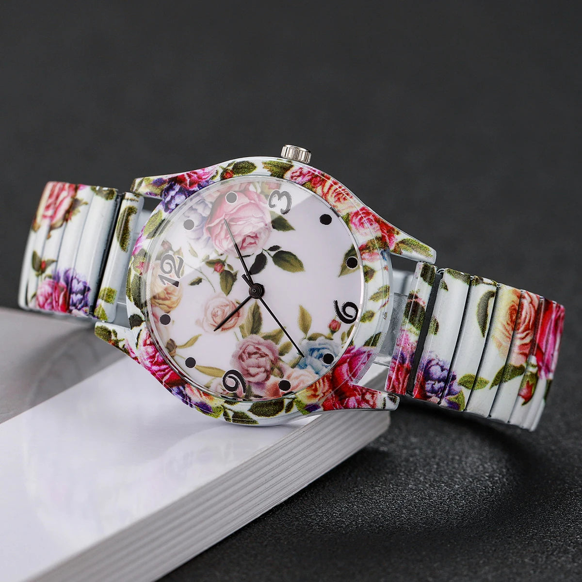 2/3 Uds. Conjunto de relojes de pulsera de cuarzo con estampado de flores a la moda para mujer, reloj con esfera árabe con correa elástica informal para mujer (sin caja)