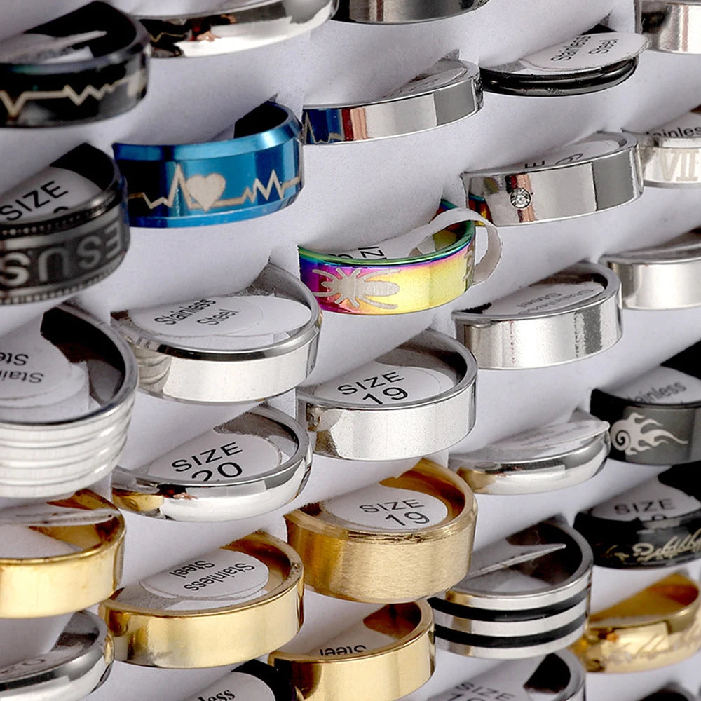 JoyerÃÂa de moda, venta al por mayor, 100 unids/lote, anillos de acero inoxidable, regalo de fiesta, anillos de boda, estilo mixto, anillos para hombre y mujer